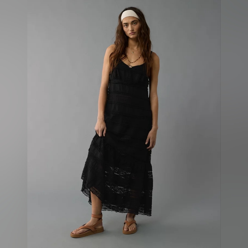 American Eagle Tiered Maxi Dress LBD Sheer Black Lace